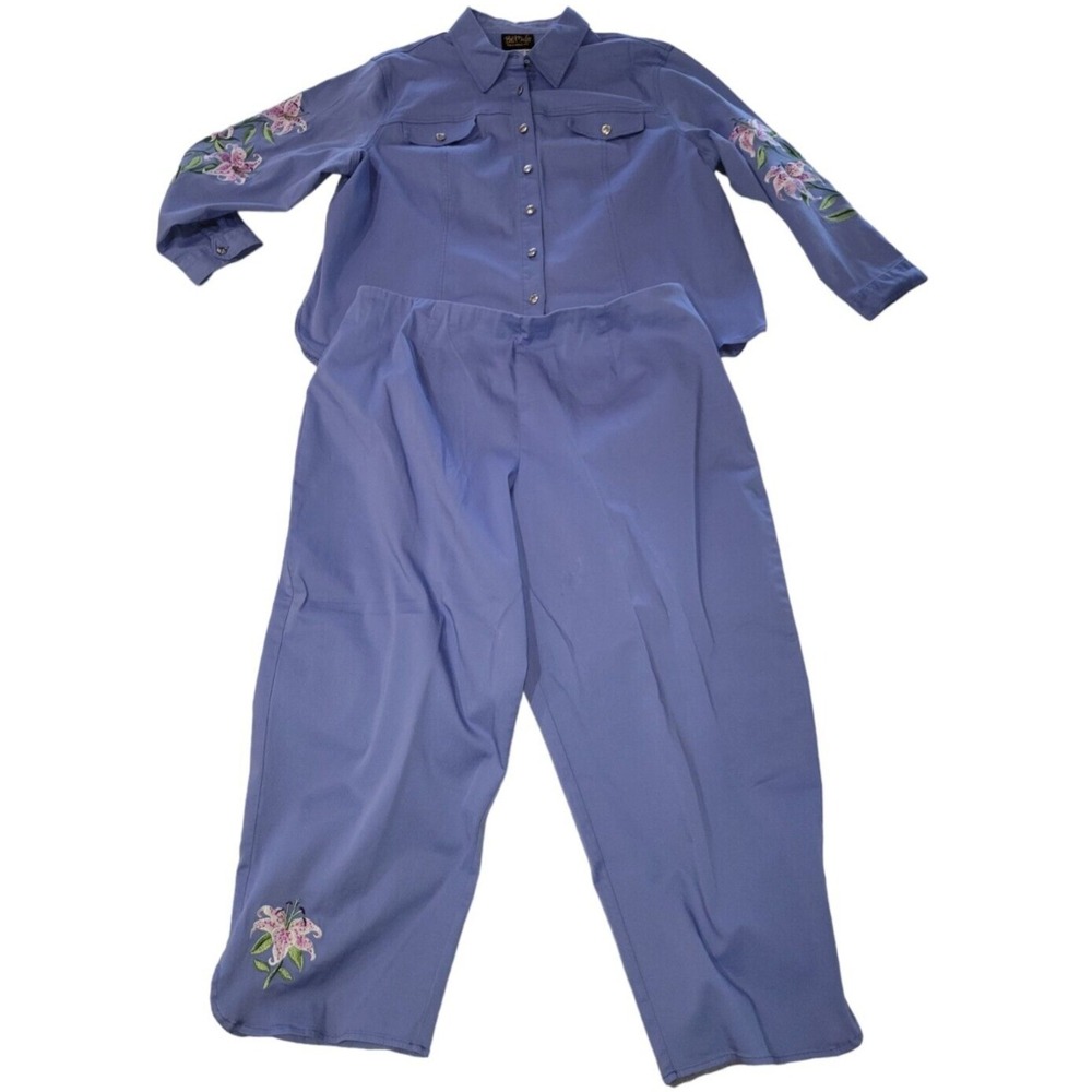 Bob Mackie Women's Purple Embroidered Floral‎ Long Sleeve Shirt and Pants 2X
